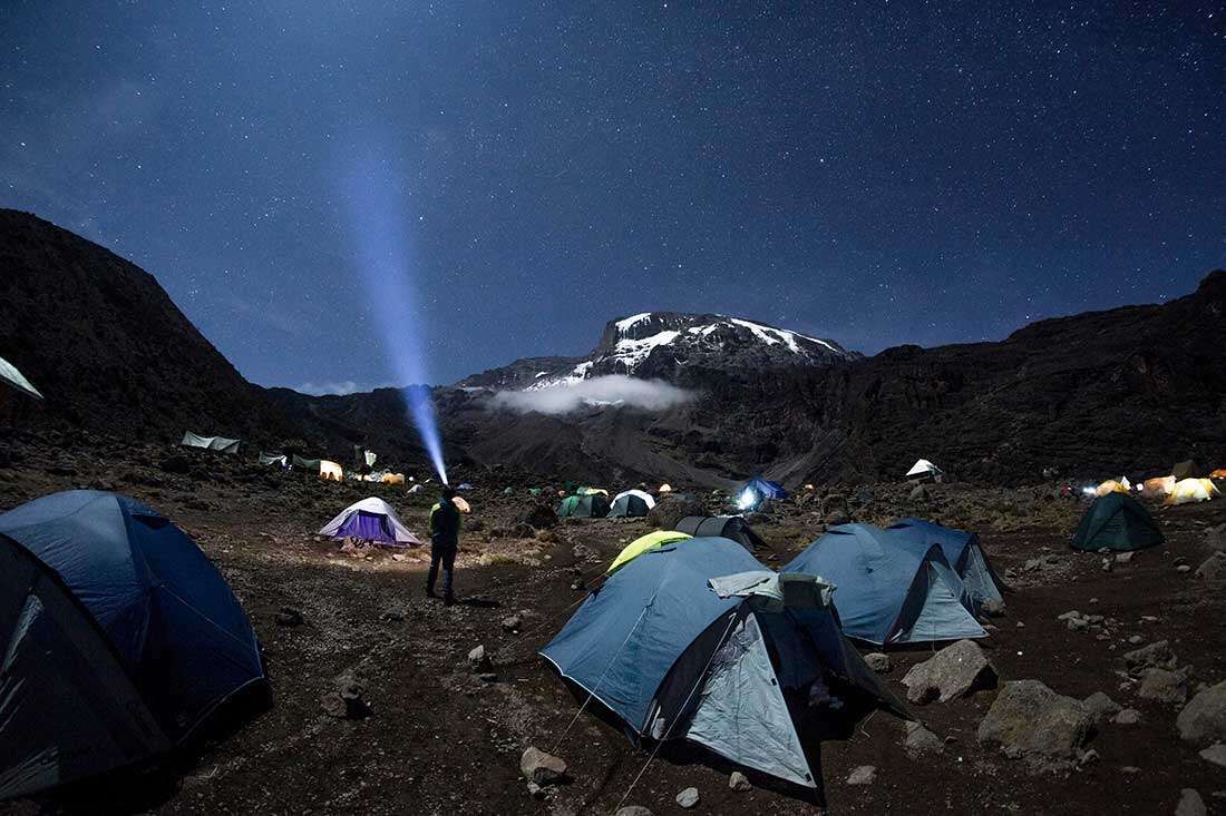 Headlamps illuminating the trail during Kilimanjaro summit night