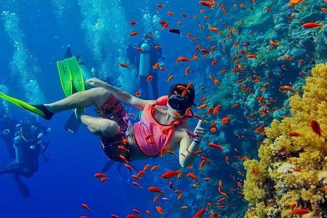 Snorkeler exploring coral reef near Zanzibar